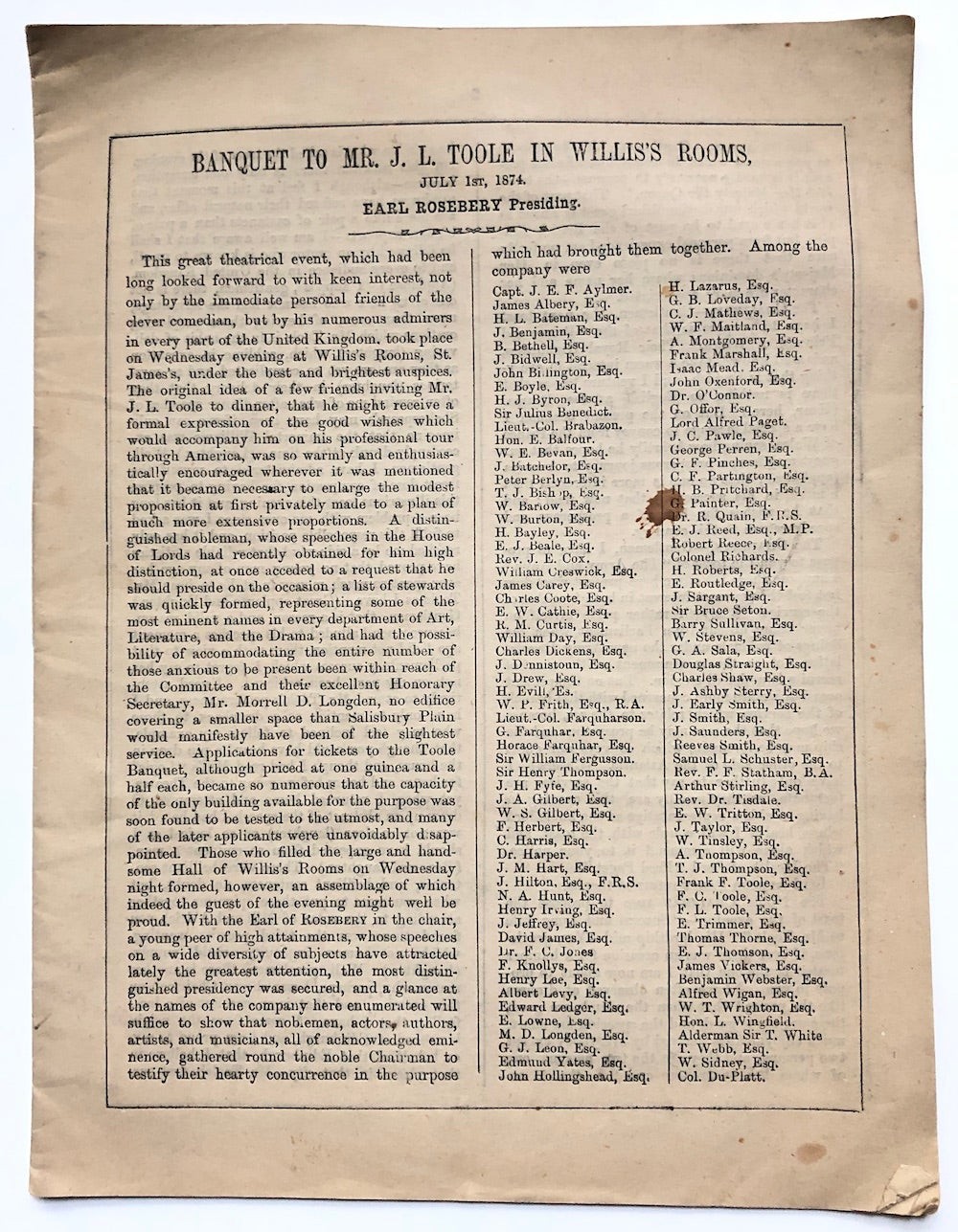 John Lawrence Toole / Banquet to Mr J L Toole in Willis’s Rooms July 1st 1874