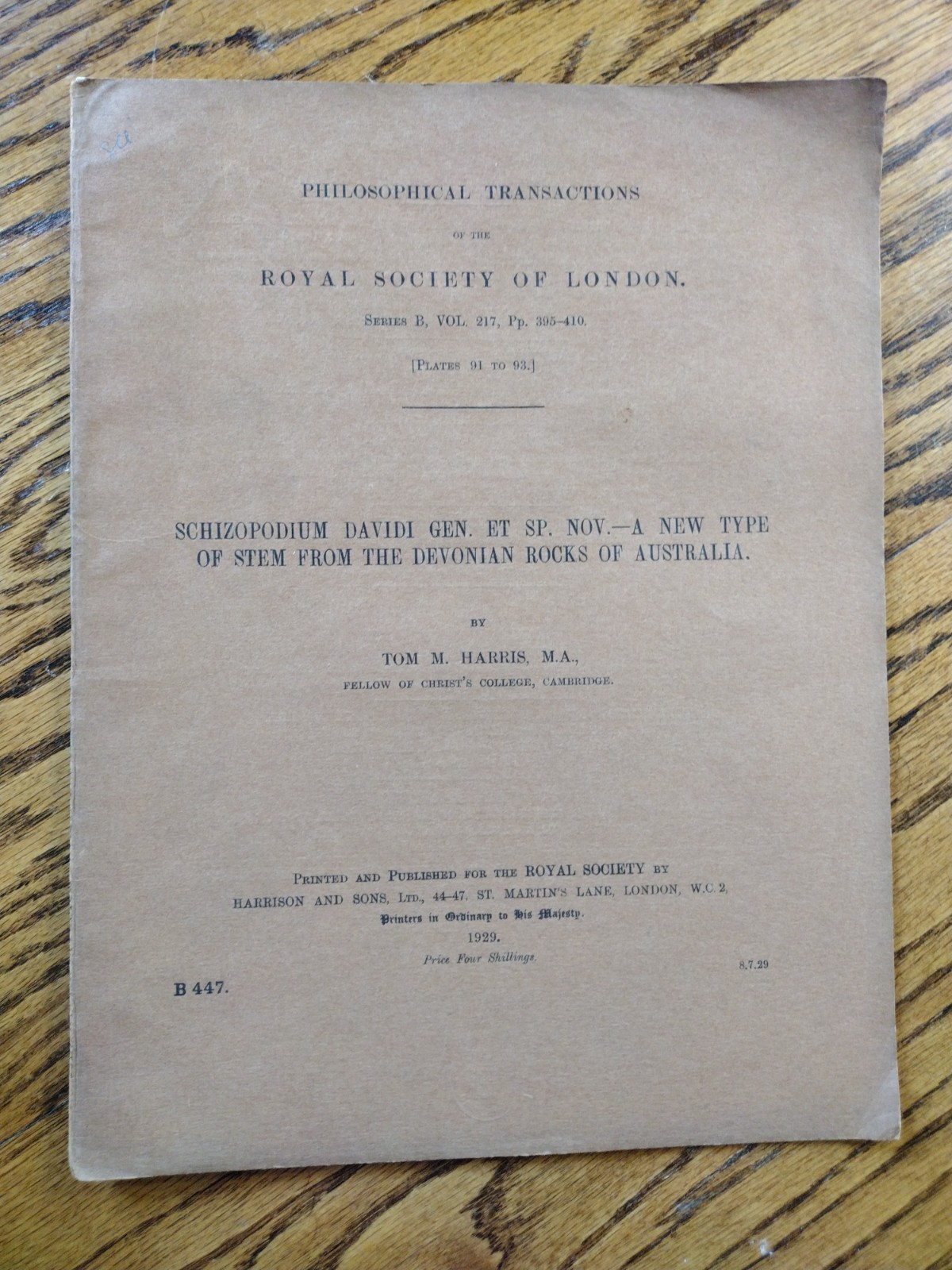Schizopodium Davidi A New Type of Stem from the Devonian Rocks of Australia 1929