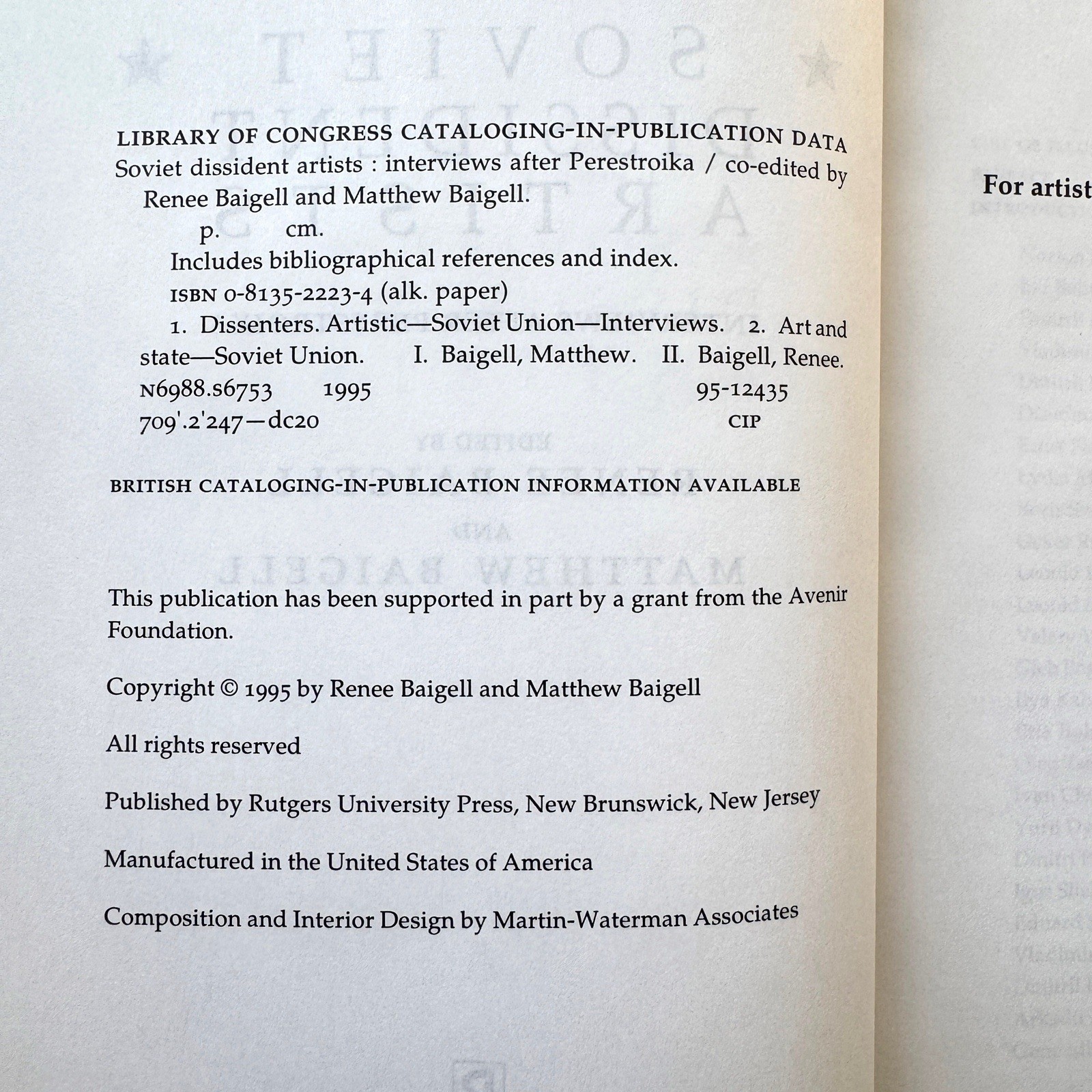 Soviet Dissident Artists Interviews After Perestroika Baigell 1995 HC