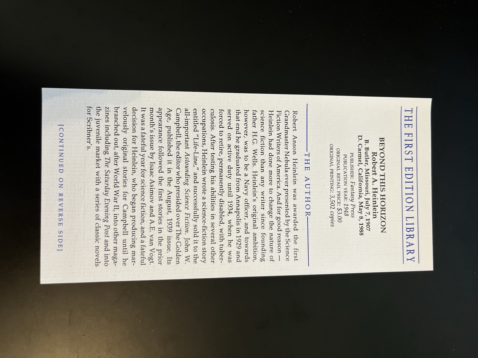 Robert Heinlein – BEYOND This HORIZON – First Edition Replica Library Slipcase
