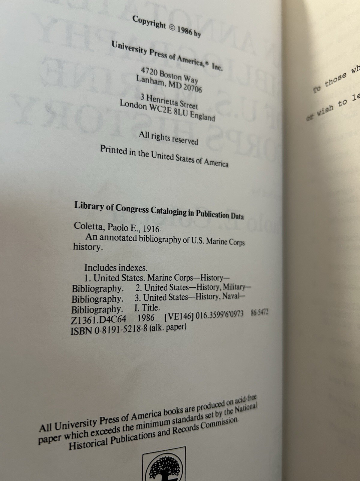 Paolo E Coletta / Annotated Bibliography Of U.S MARINE CORPS HISTORY 1986