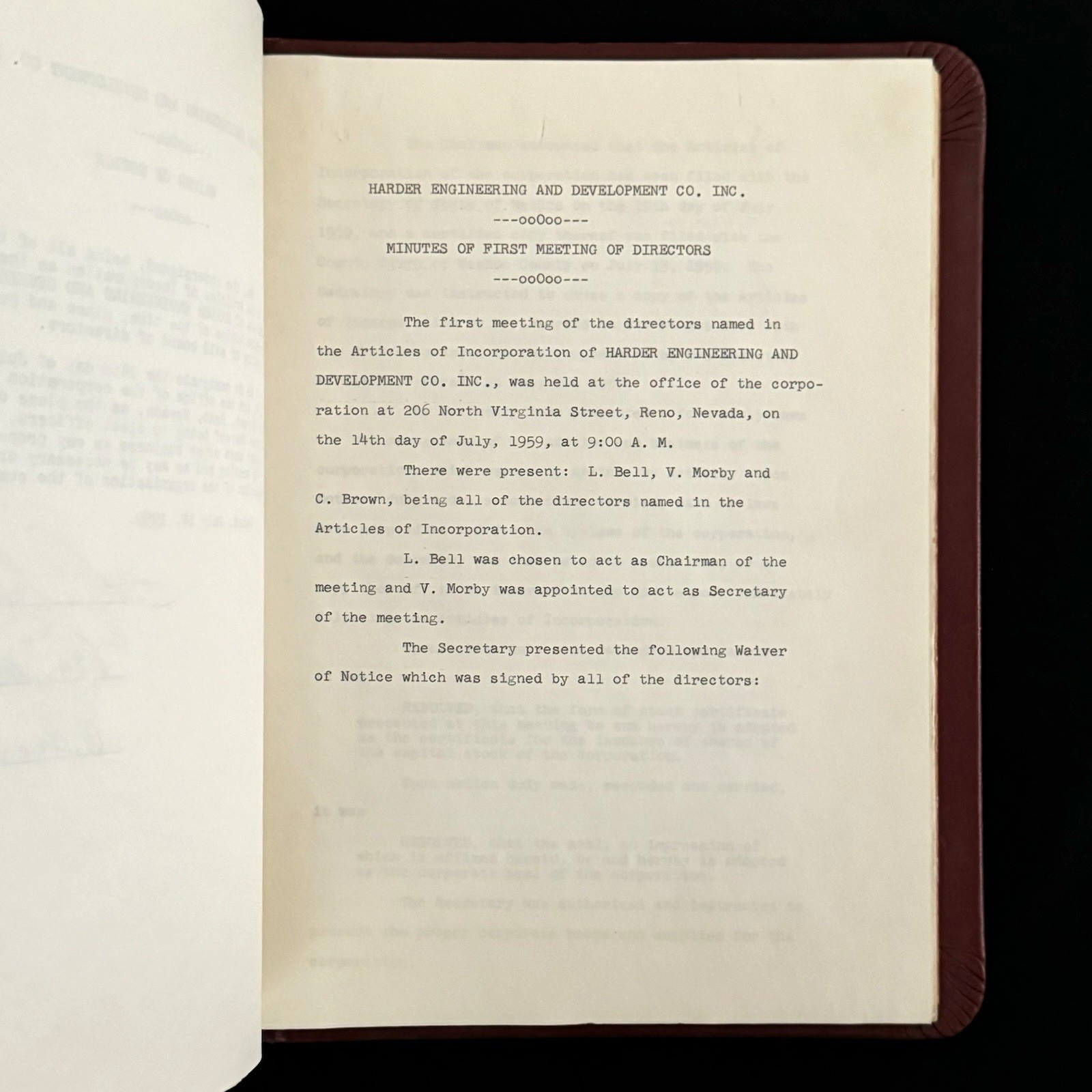 1959. Harder Engineering Minute Book, Nevada Corporation Oakland California Rare