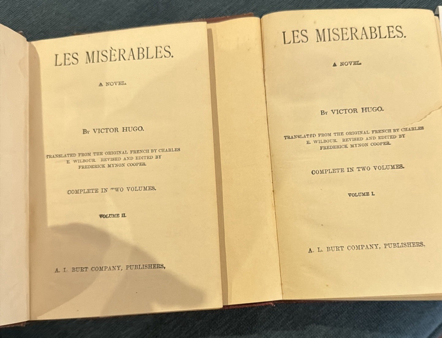 Hugo Les Miserables Antique HC 2 Vol Set A.L. Burt Wilbour Complete