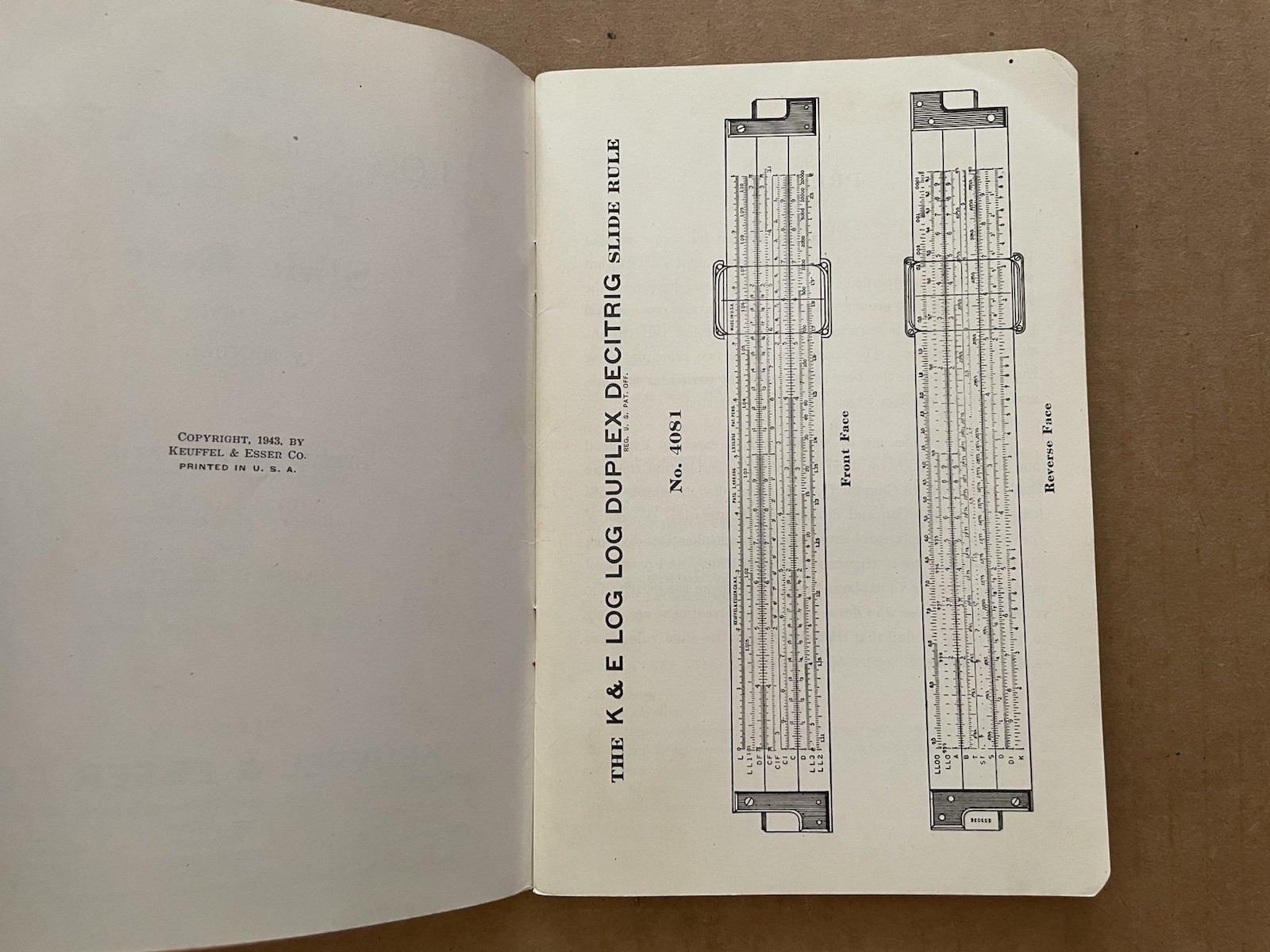 Vintage 1943 LOG LOG DUPLEX DECITRIG Slide Rule Book #4081 Keuffel & Esser Co #9