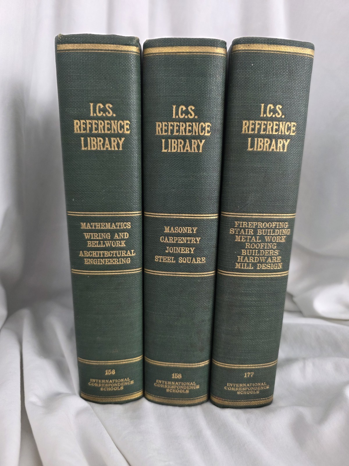 3 Antique Books ICS Reference Library Volumes 156, 158, 177 Hardcover Green 1909