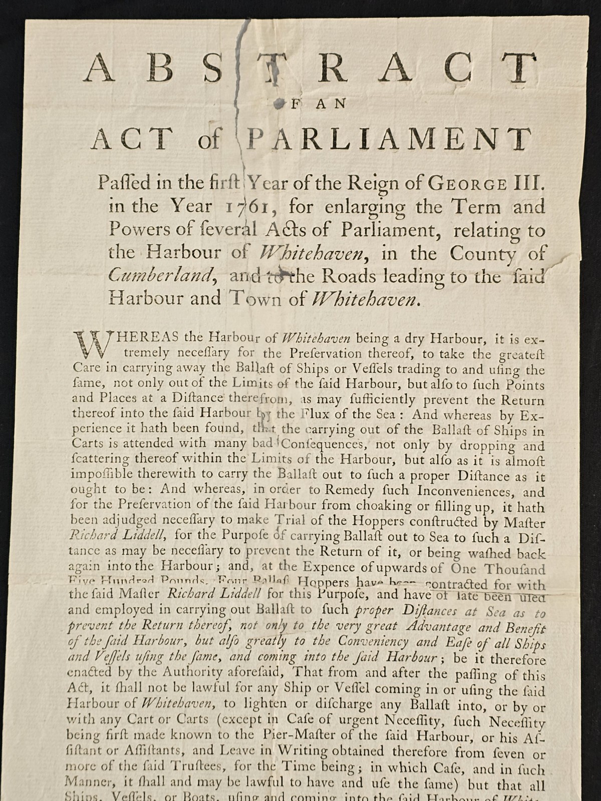 1761 Unregistered BROADSIDE Act Parliament GEORGE III HARBOUR WHITEHAVEN Roads