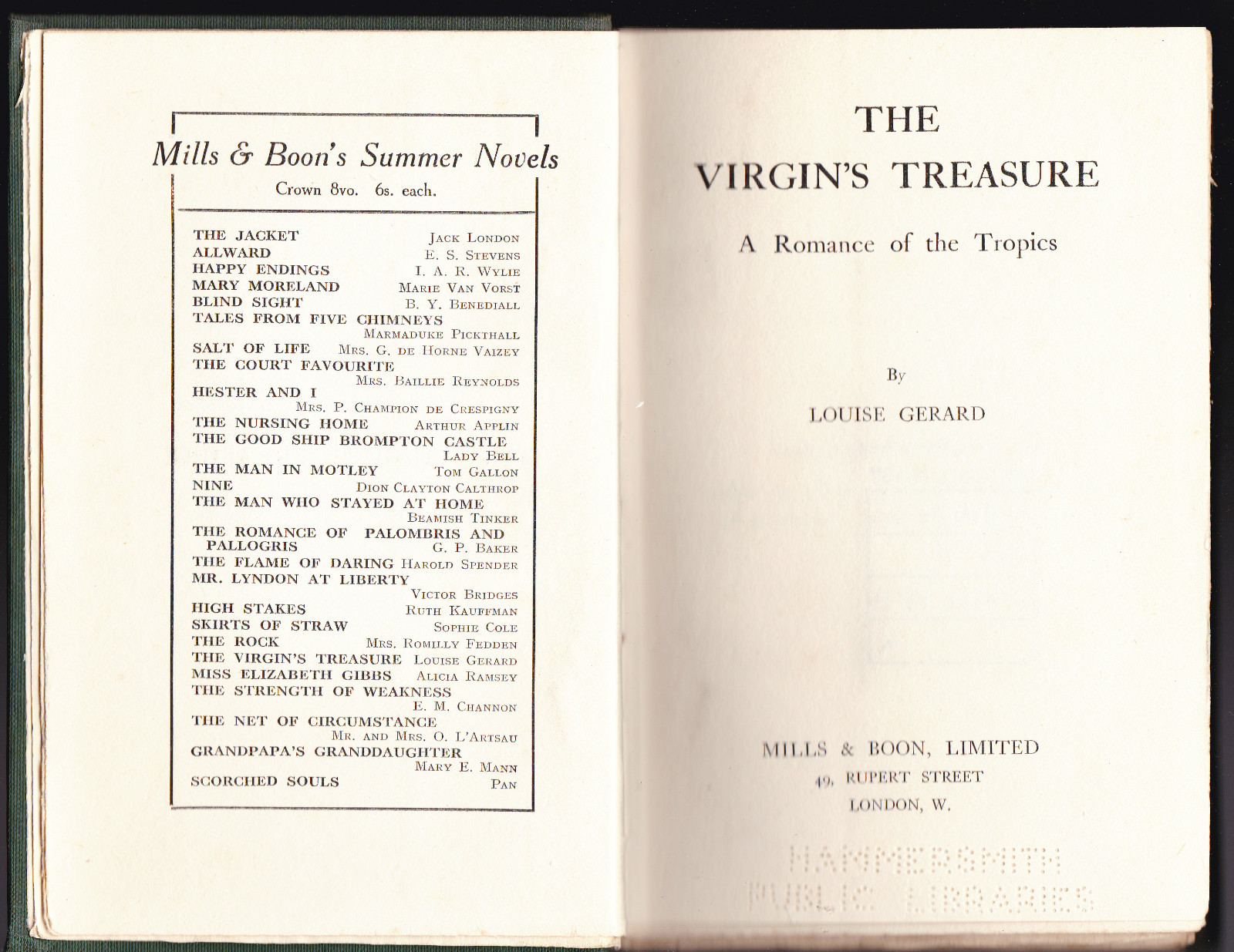 Louise Gerard – The Virgin’s Treasure – 1st/1st Mills and Boon 1915, Scarce
