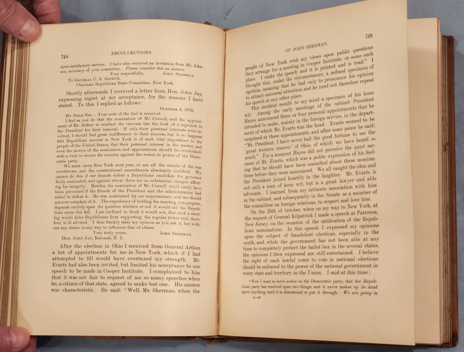 John Sherman’s Recollections of Forty Years in the House and Senate. Leather.