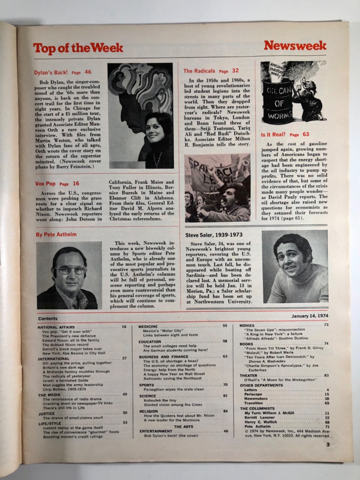 Newsweek Full Magazine – Dylan’s Back! JAN 14, 1974