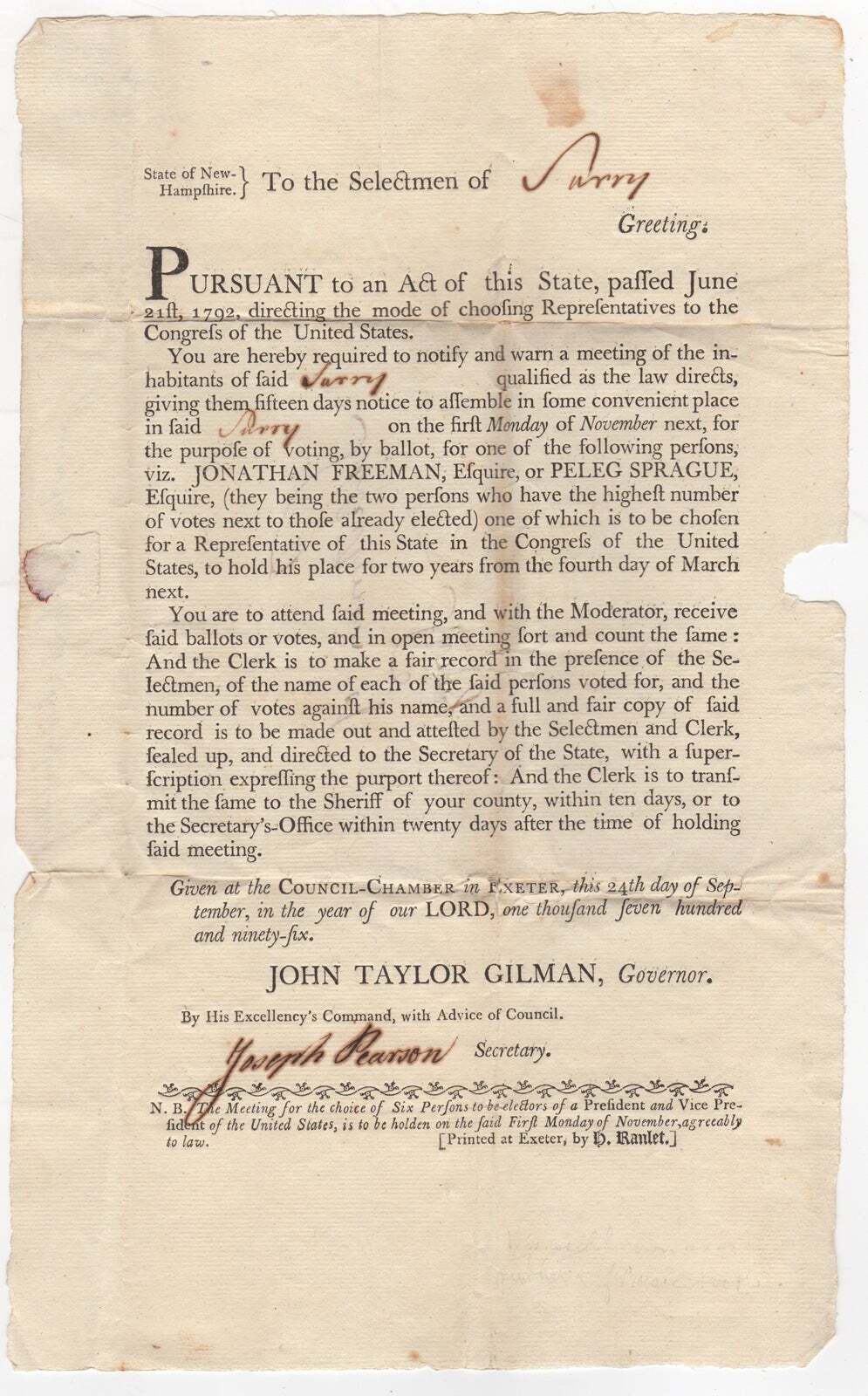 John Taylor Gilman: Signed Congressional Election Broadside New-Hampshire [1796]
