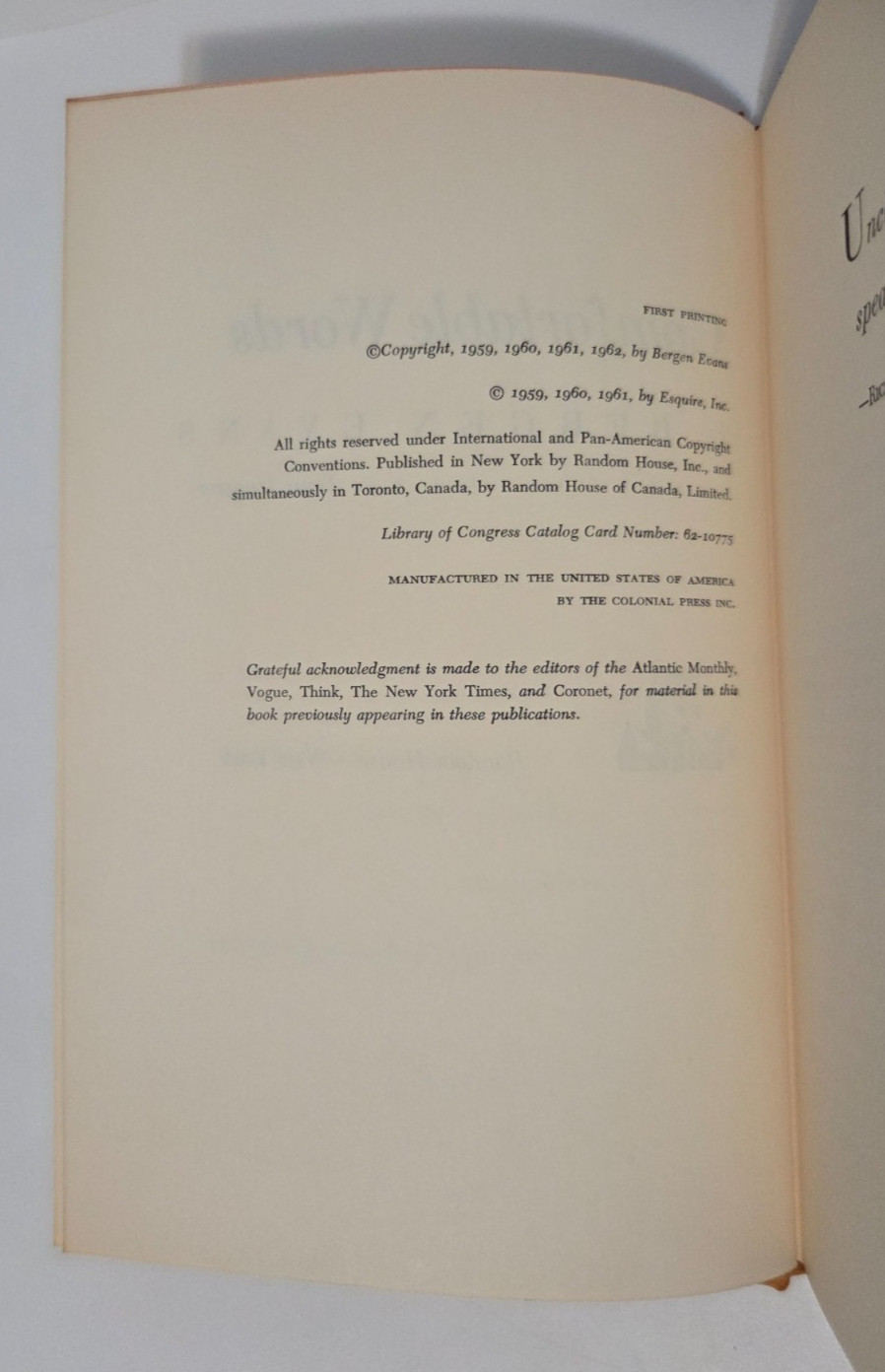 Comfortable Words — Bergen Evans | 1st Printing 1961 Random House | HC w/DJ