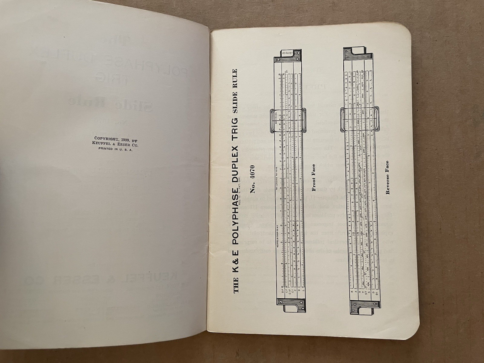 Vintage 1939 POLYPHASE DUPLEX TRIG Slide Rule Manual #4070 Keuffel & Esser Co #5