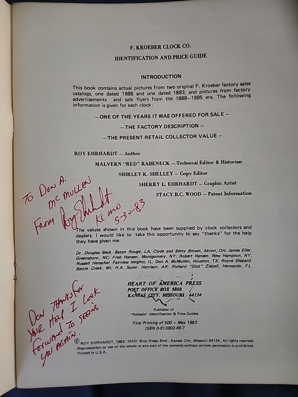 F. KROEBER CLOCK CO. IDENTIFICATION AND PRICE GUIDE By Roy Ehrhardt Signed