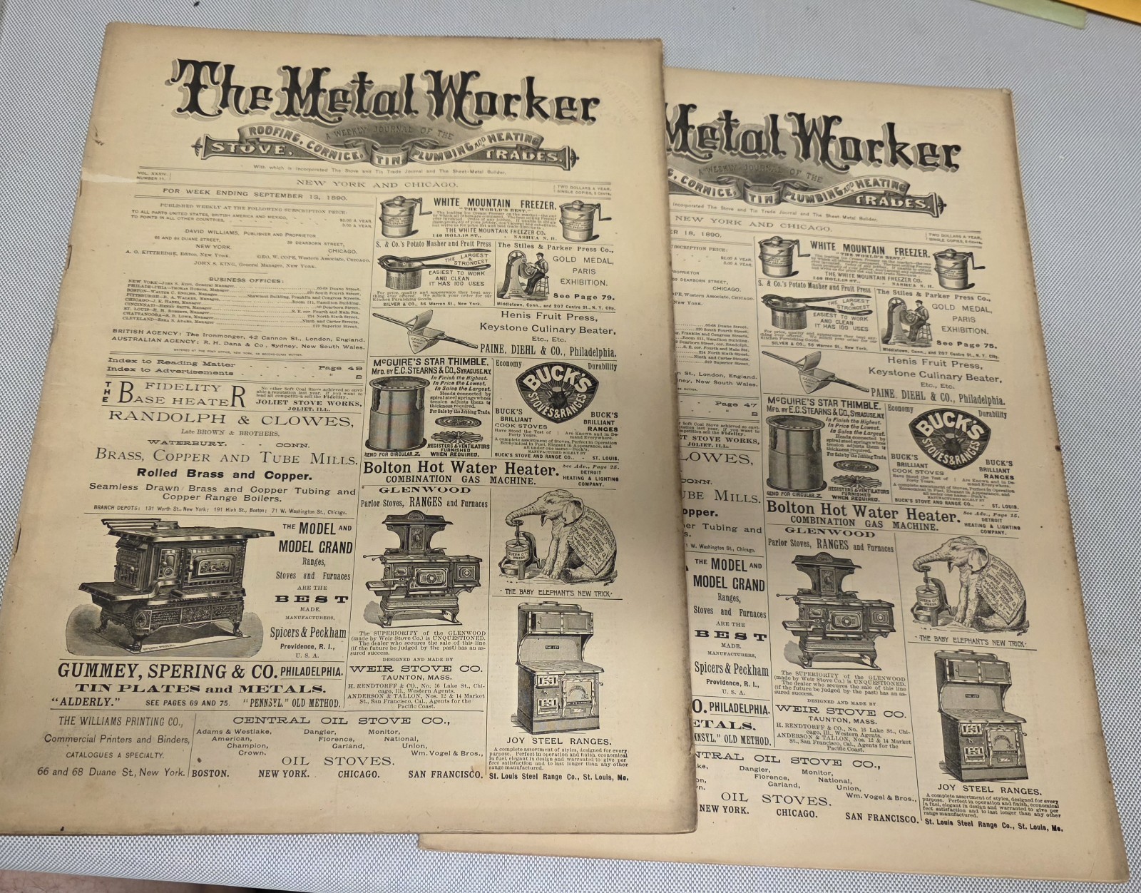 (2) 1890 The METAL WORKER Magazine Periodical Stoves, Machinery ADS Sept Oct 90