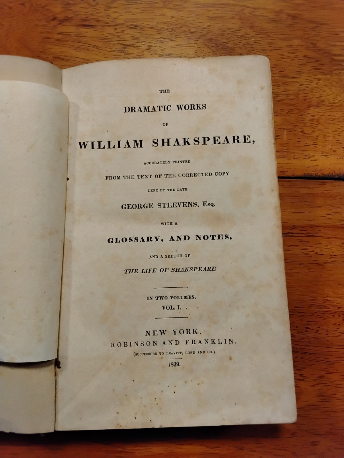 William Shakspeare Dramatic Works Vol I Robinson Franklin Leather 1839 Glossary