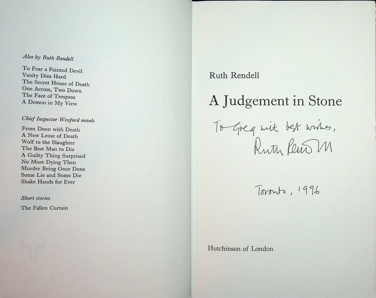 Ruth Rendell / A Judgement in Stone Signed 1st 1st Edition 1977