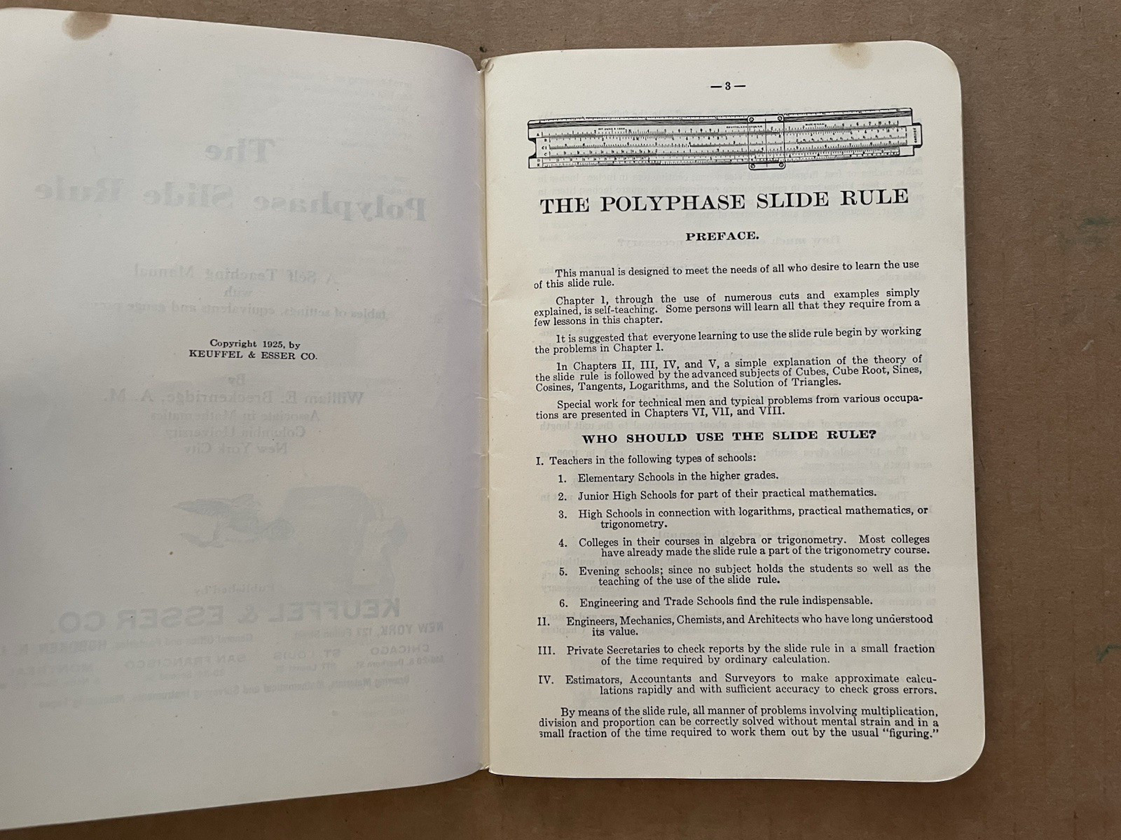 Vintage 1925 POLYPHASE Slide Rule Manual Keuffel & Esser Co #7