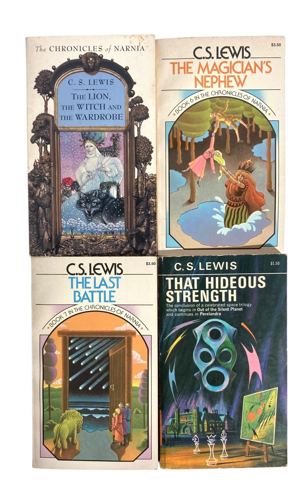 CS Lewis 3 Chronicles of Narnia #1 #6 #7 Collier + That Hideous Strength PB 1970