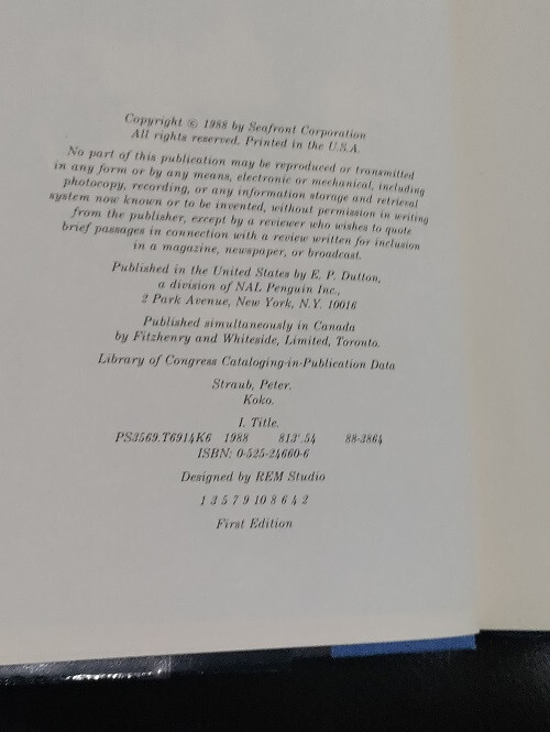 Peter Straub Koko Hardcover E. P. Dutton Near Fine Condition
