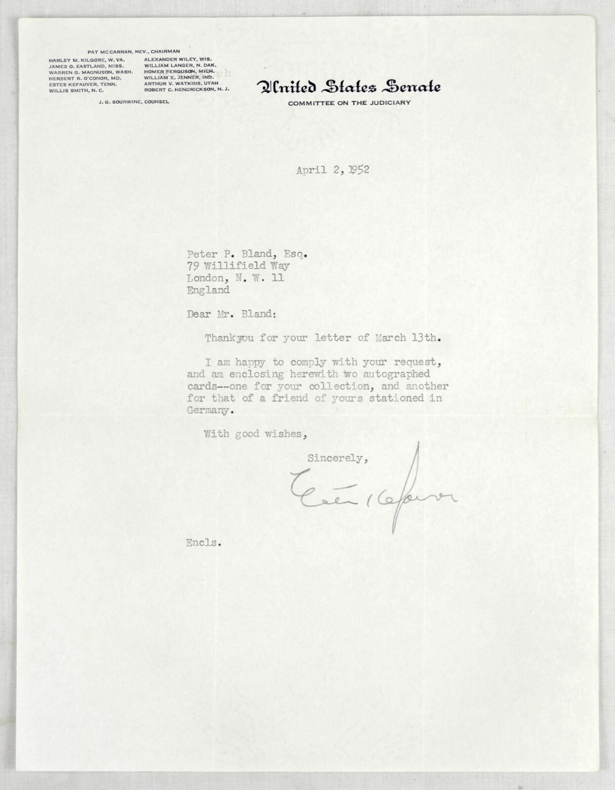 Estes KEFAUVER – original signed letter TLS – 1952 – MAFIA crime investigator