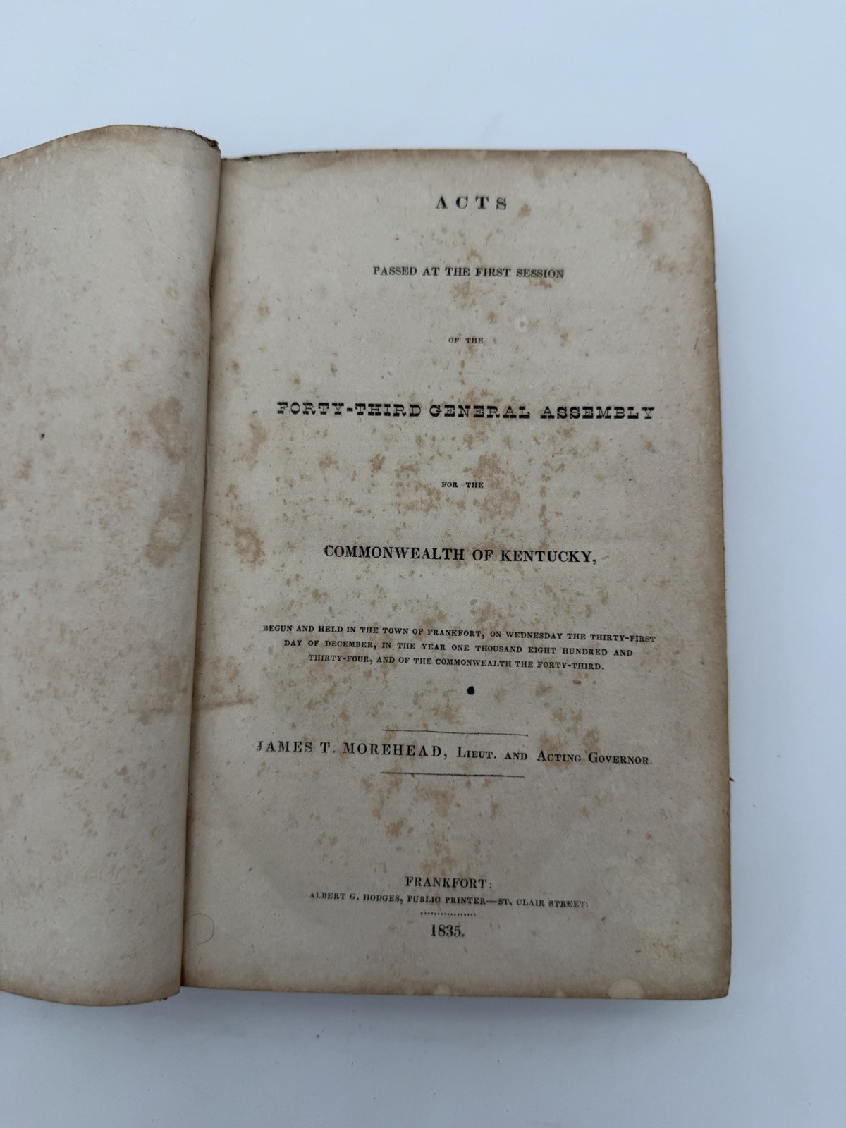 1835 Kentucky General Assembly Acts Laws Frankfort Antique Leather HC