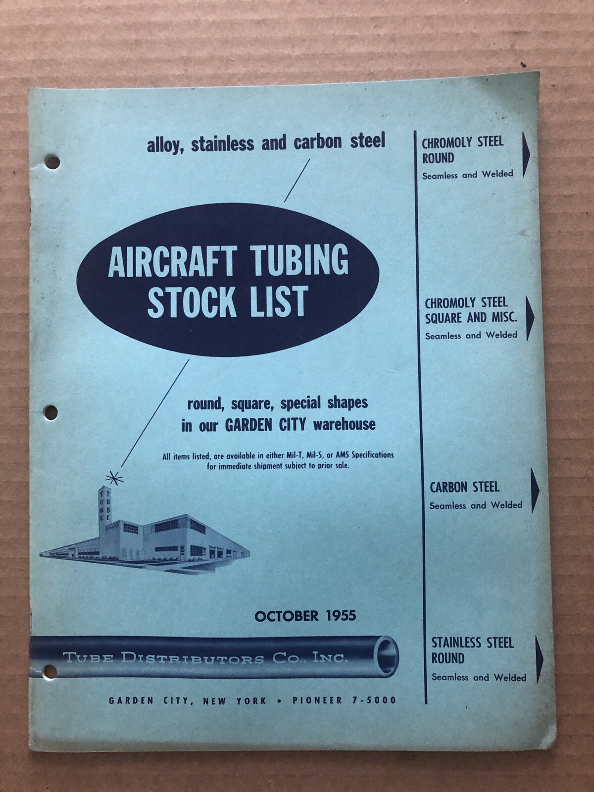 Vintage AIRCRAFT TUBING STOCK LIST October 1955 Garden City NY Tube Distributors