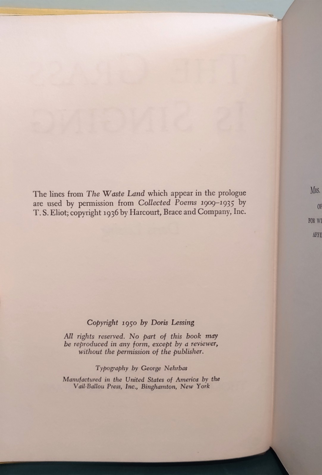 The Grass Is Singing Doris Lessing Crowell First Edition 1st Printing 1950 HB