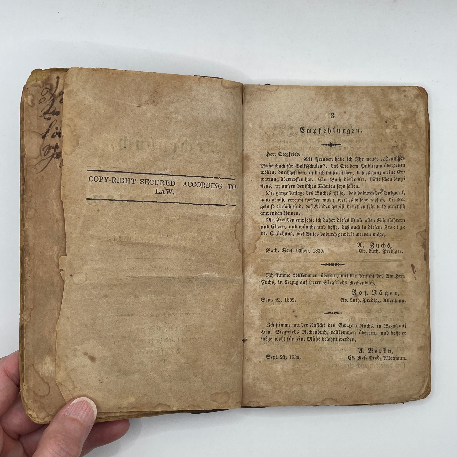 1839 Antique German Math Book Deutsches Rechenbuch PA Dutch Americana Siegfried