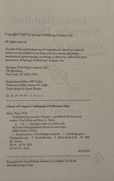 Understanding Narrative Therapy by Sonia L. Abels, Paul Abels – VG, RARE
