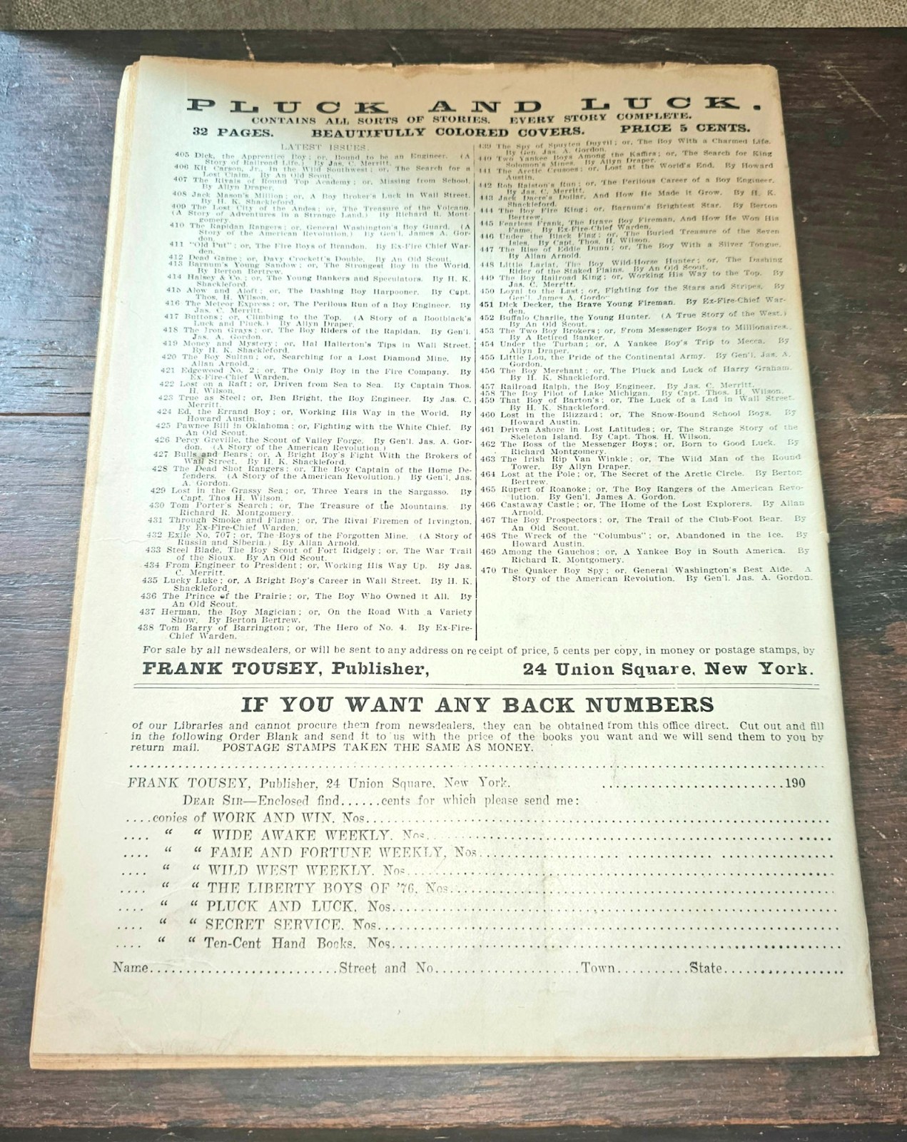 Pluck and Luck No 469 May 29 1907 Among The Gauchos Frank Tousey Dime Novel