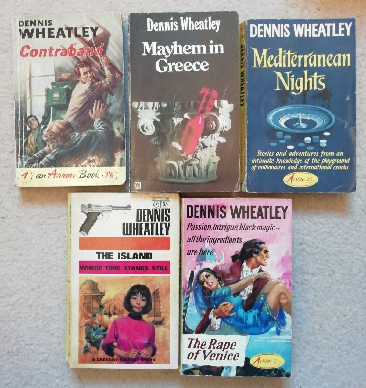 x5 DENNIS WHEATLEY ARROW PAPERBACKS – CONTRABAND, MAYHEM IN GREECE, VENICE, ETC.