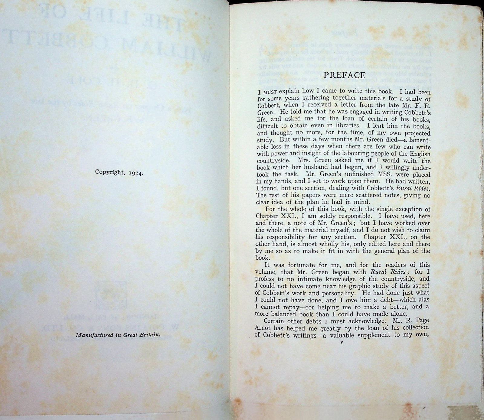 G D H Cole / The Life of William Cobbett 1st Edition 1924