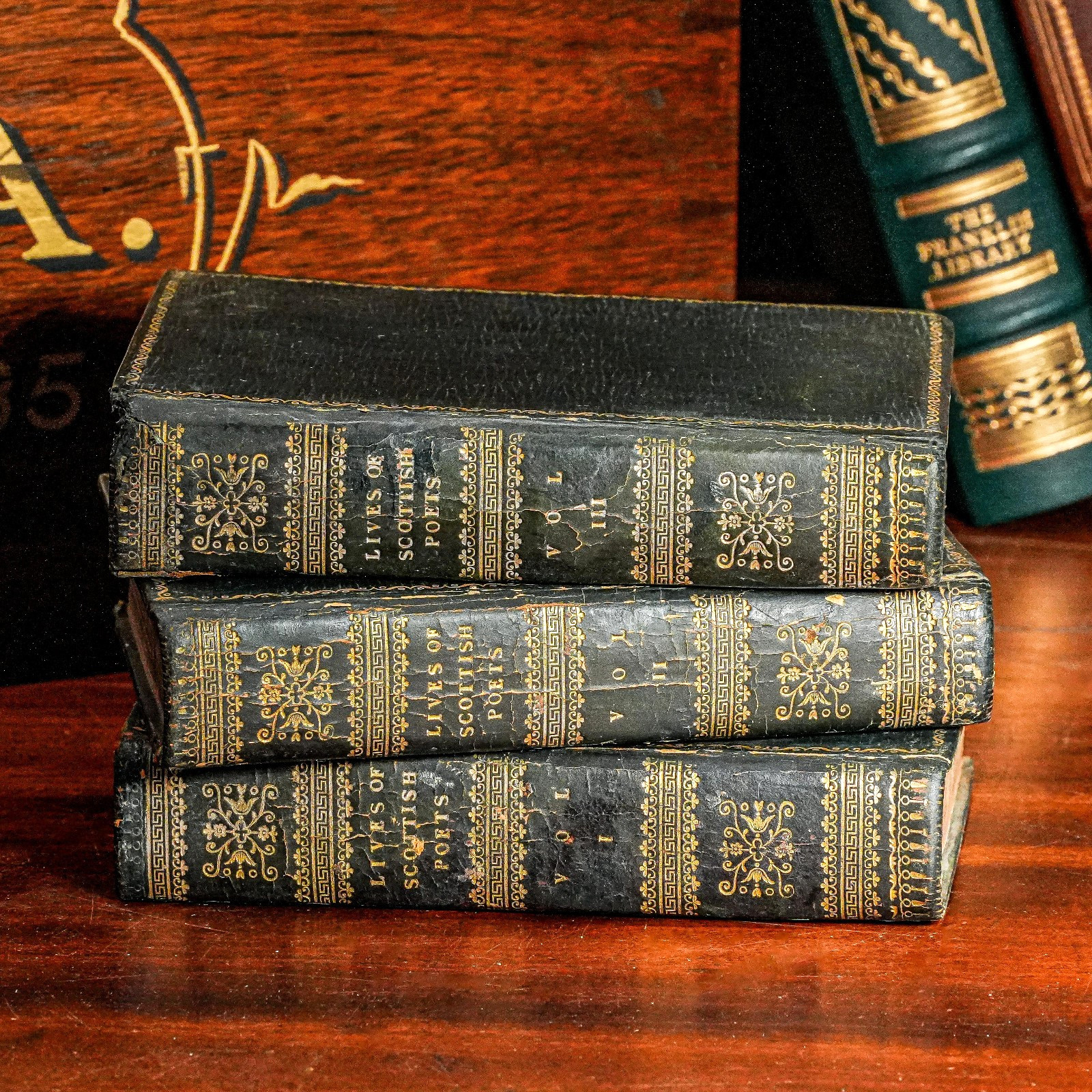 Nice 3 Volume Antique Miniature Leather Book Set Lives Scottish Poets Scotland