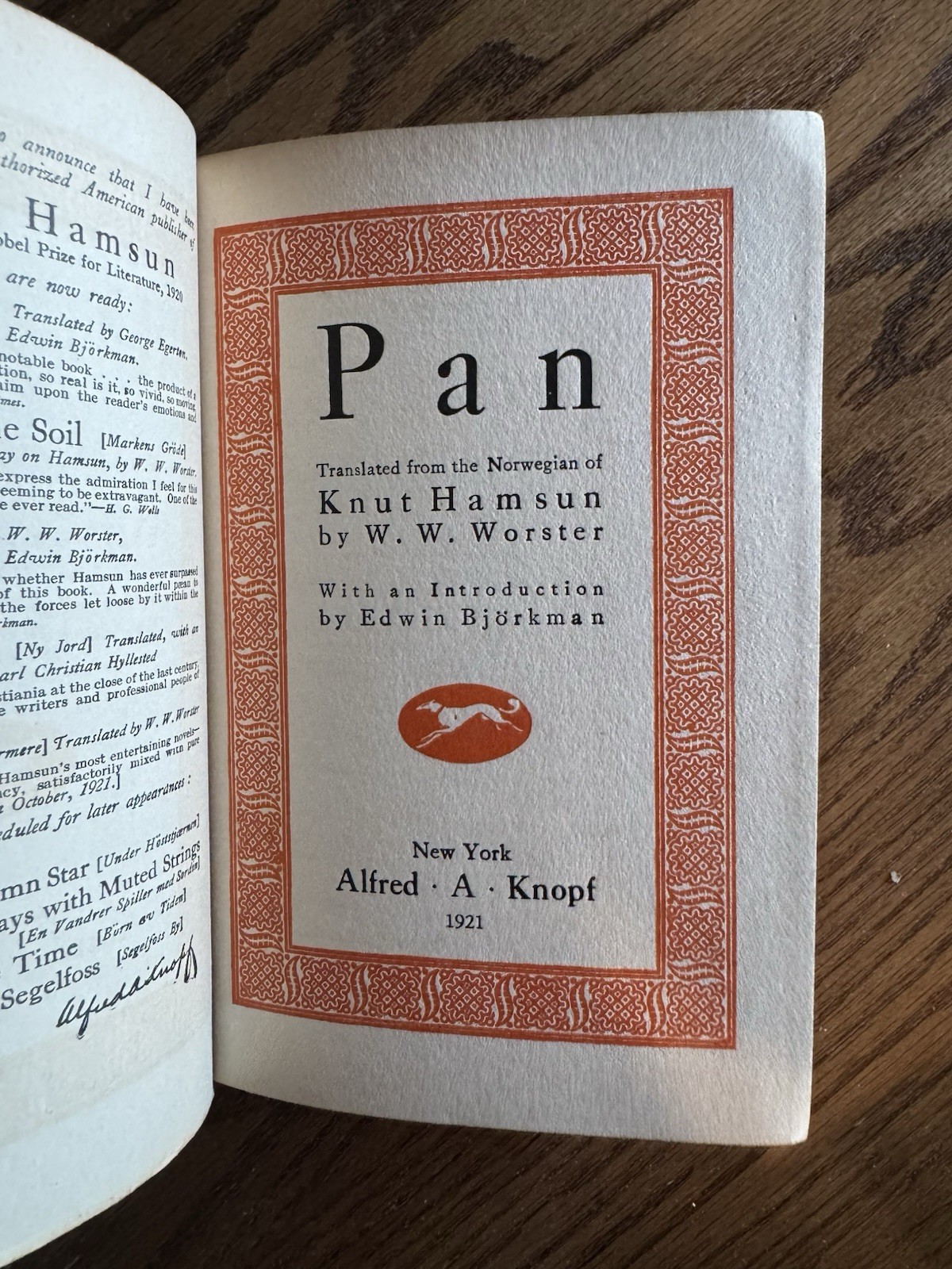 Pan – Knut Hamsun – Knopf – 1921 – 1st edition – Collectable