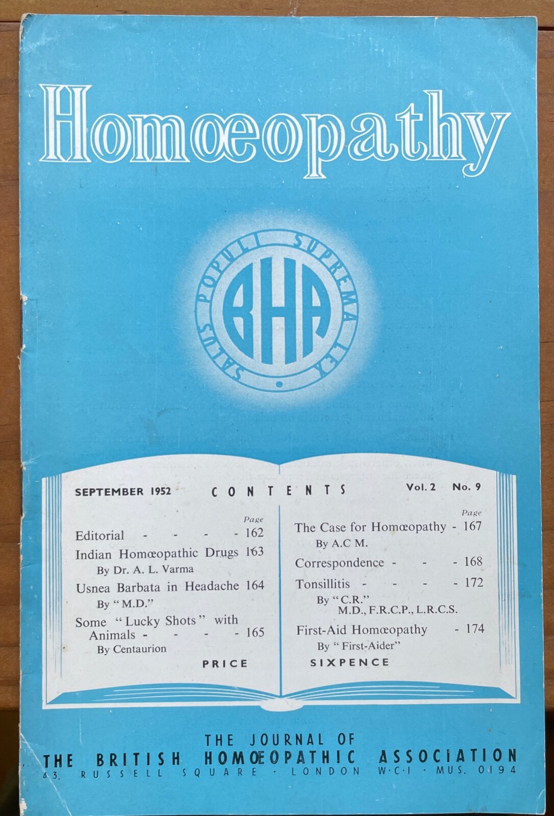 HOMOEOPATHY – BRITISH HOMOEOPATHIC ASSN – ALTERNATIVE NATURAL MEDICINE Sept 1952