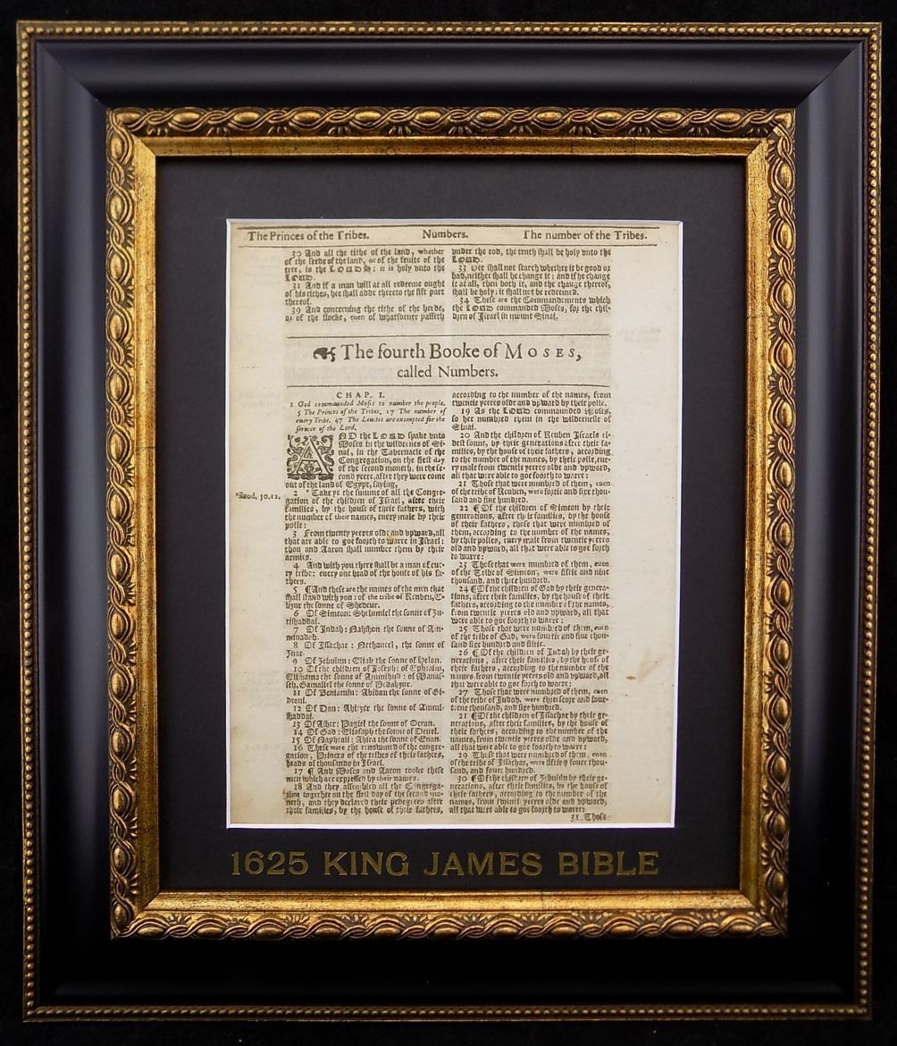 1625 KING JAMES BIBLE LEAF NUMBERS TITLE PAGE, LAST IN KING’S LIFETIME FRAMED