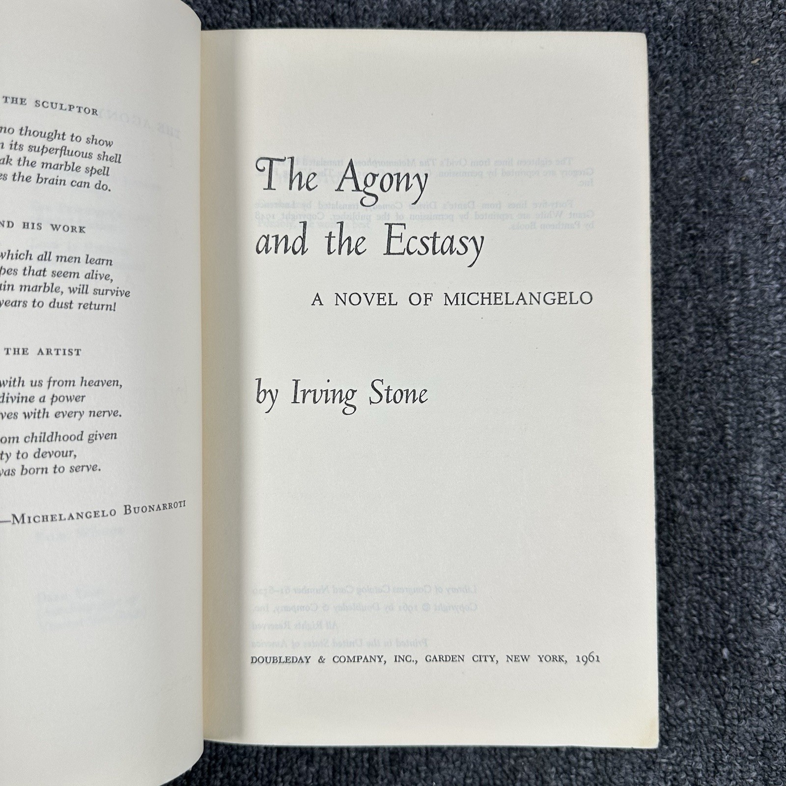 The Agony and The Ecstasy by Irving Stone (1961, Hardcover) Michelangelo 1st EDT