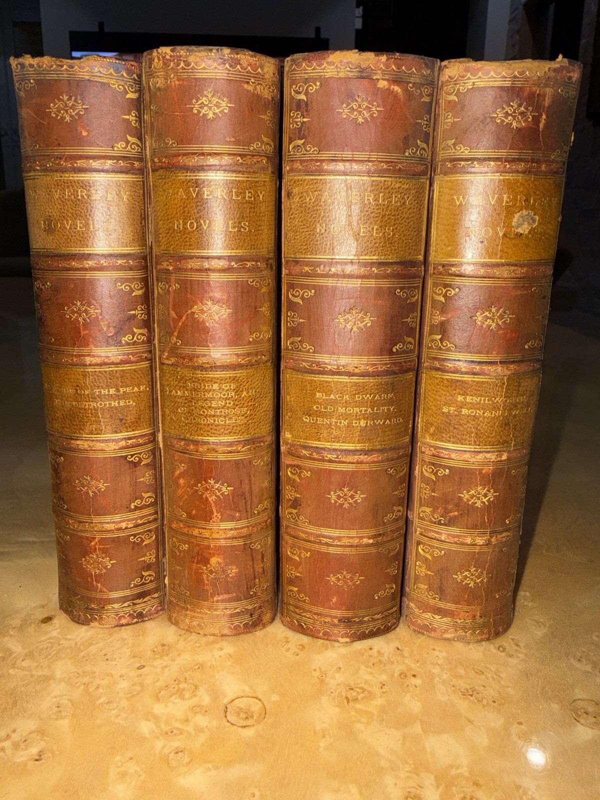 Antique 1880s Waverley Novels Sir Walter Scott Half Leather Marbled Bindings 4 V