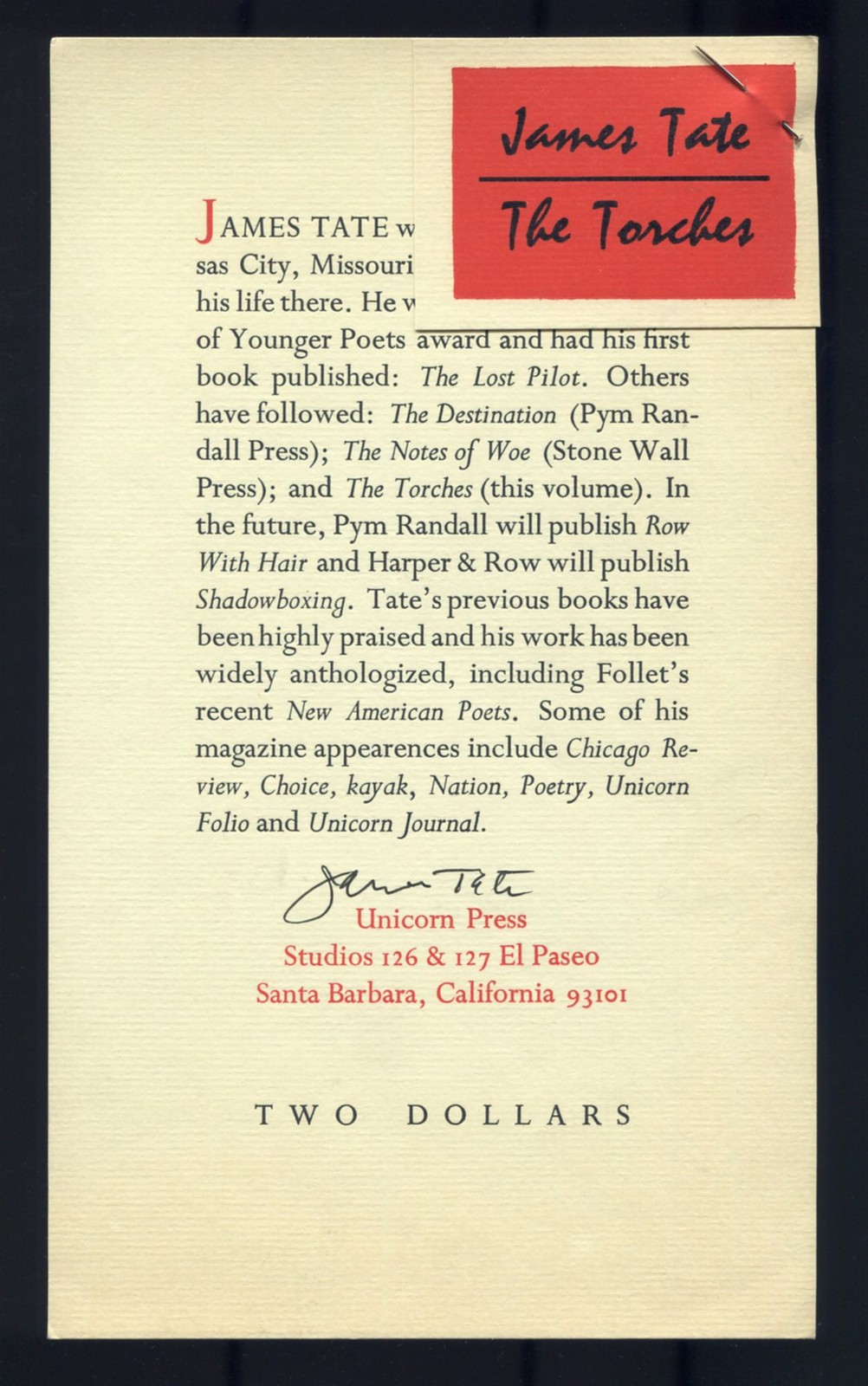 JAMES TATE / Promotional announcement for The Torches Signed 1st Edition 1968