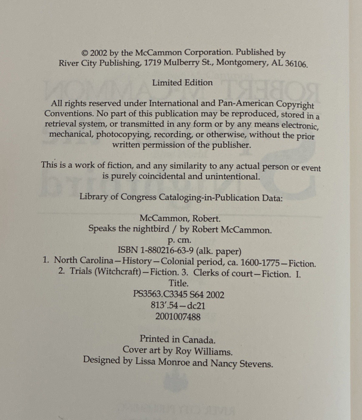 Speaks The Nightbird – Robert McCammon – River City Publishing – Signed Numbered