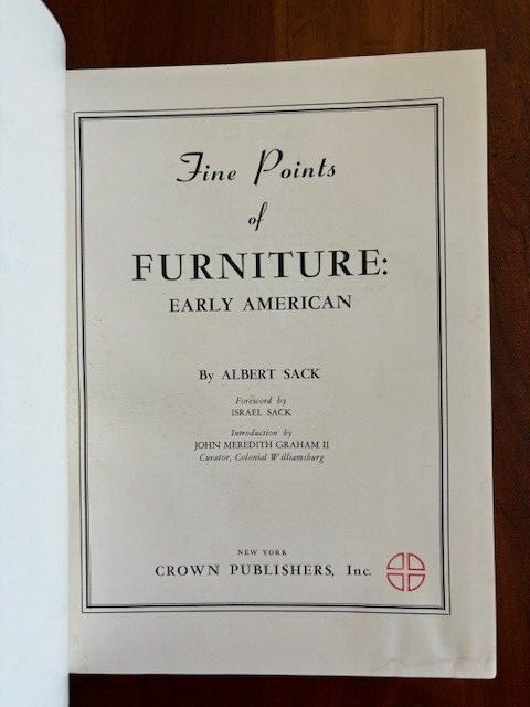 SIGNED Fine Points of Furniture Early American by Albert Sack, HC, 1955 printing