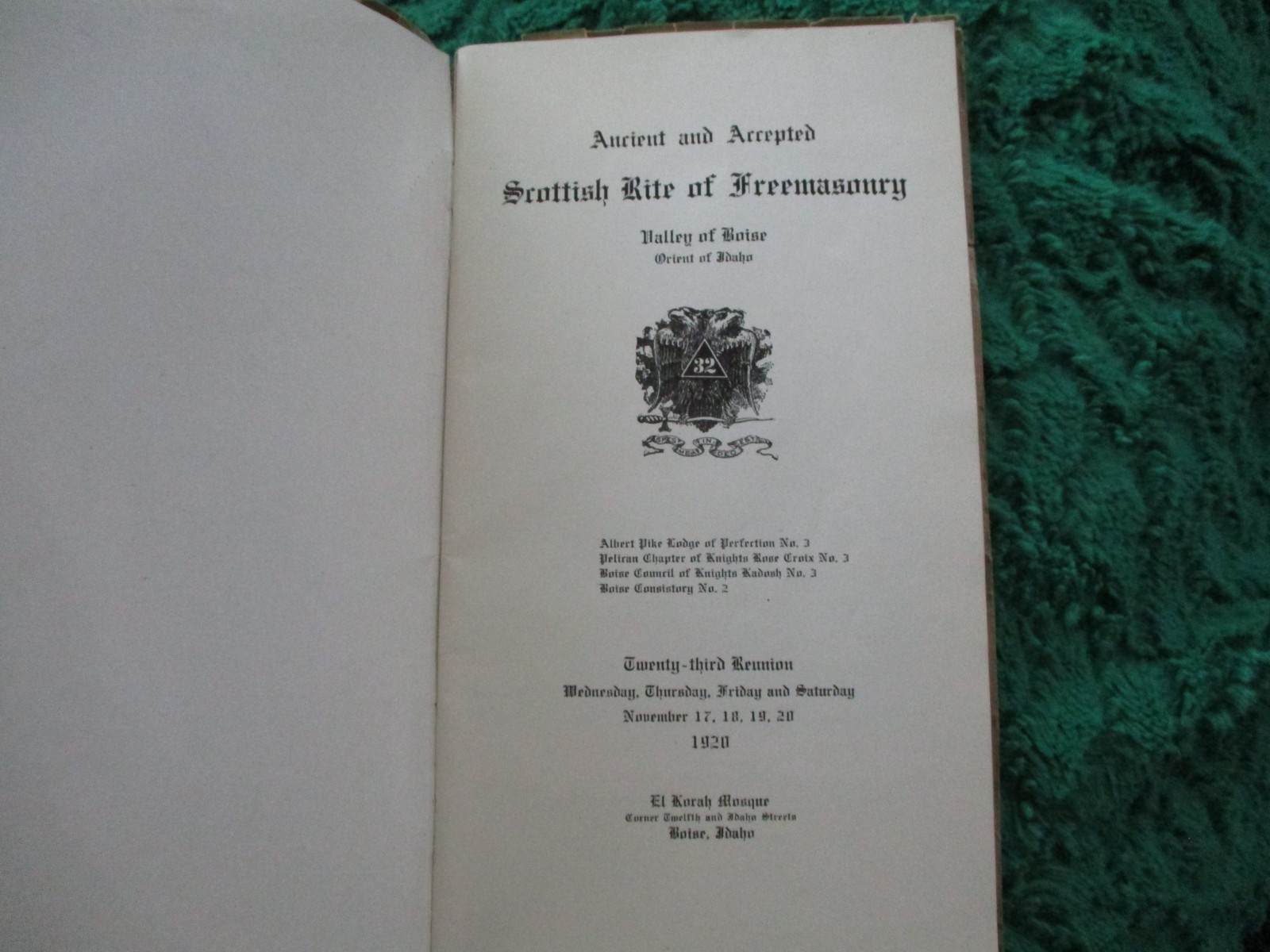 Ancient and Accepted Scottish Rite Valley of Boise Orient of Idaho 1920 Scarce 1