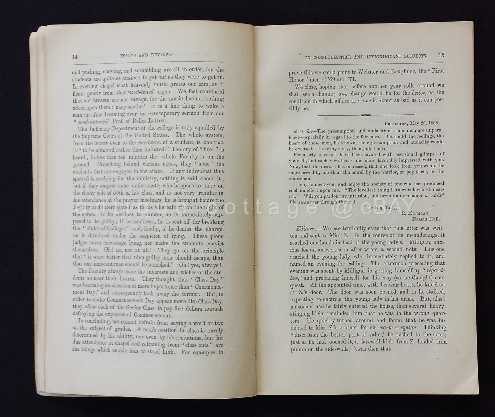 1868 antique PRINCETON UNIVERSITY STUDENT PUBLICATION poem non political correct