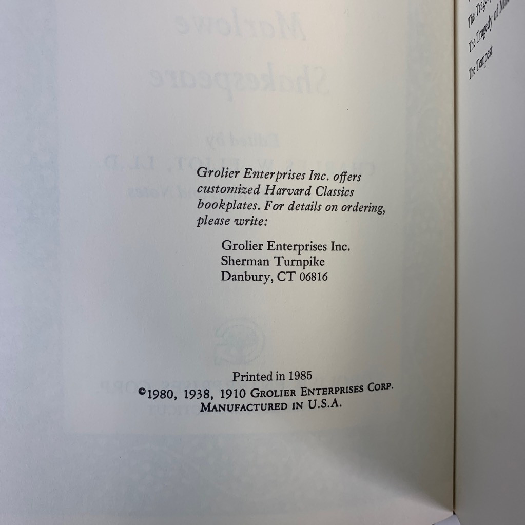 The Harvard Classics Marlowe Shakespeare Chas Eliot Editor Grolier Ent 1985 USA