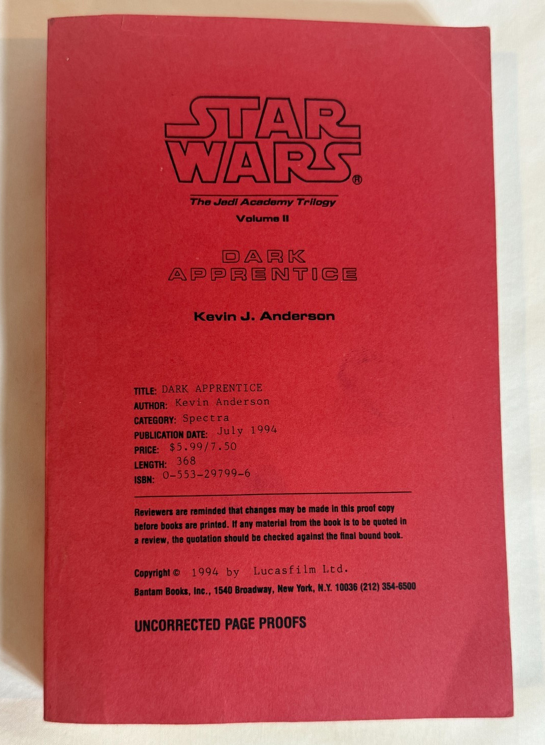 RARE ’94 Kevin Anderson Dark Apprentice Jedi Academy STAR WARS Uncorrected Proof