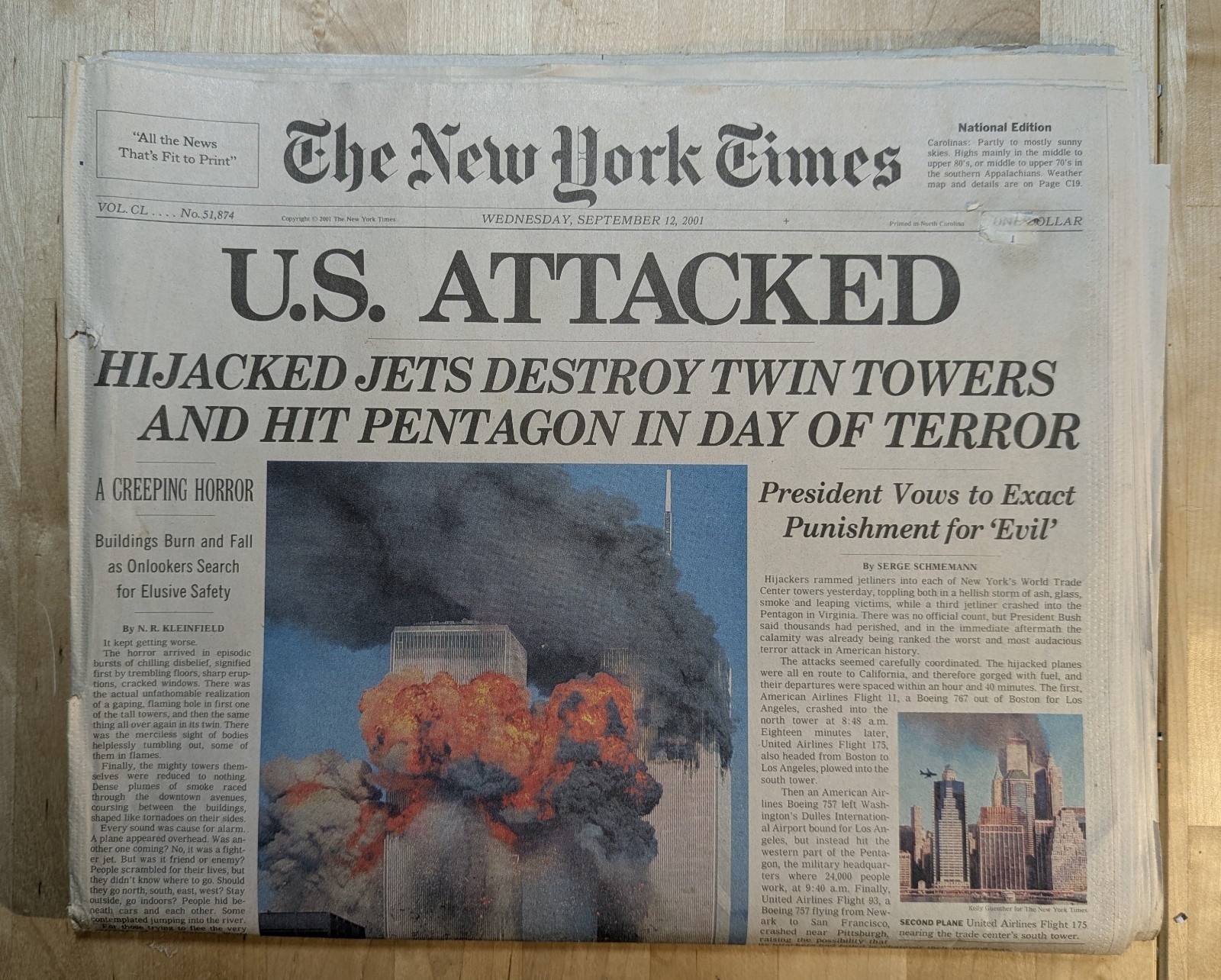 9/11 newspapers NY TIMES, Wall Street Journal, &USA Today.Sept 12, 2001.
