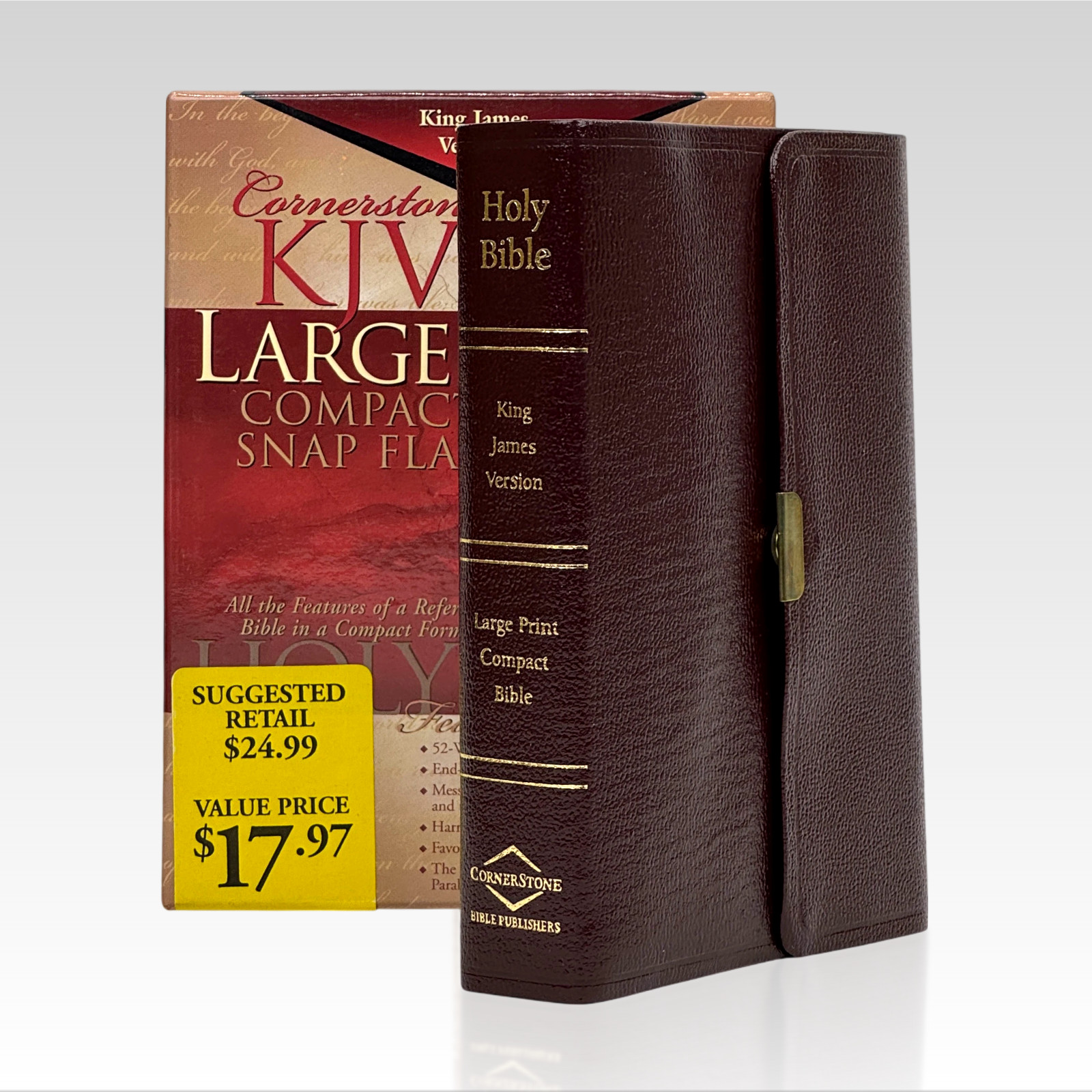 2000 Cornerstone Large Print Compact Snap Flap Bible Burgundy Bonded Leather VG