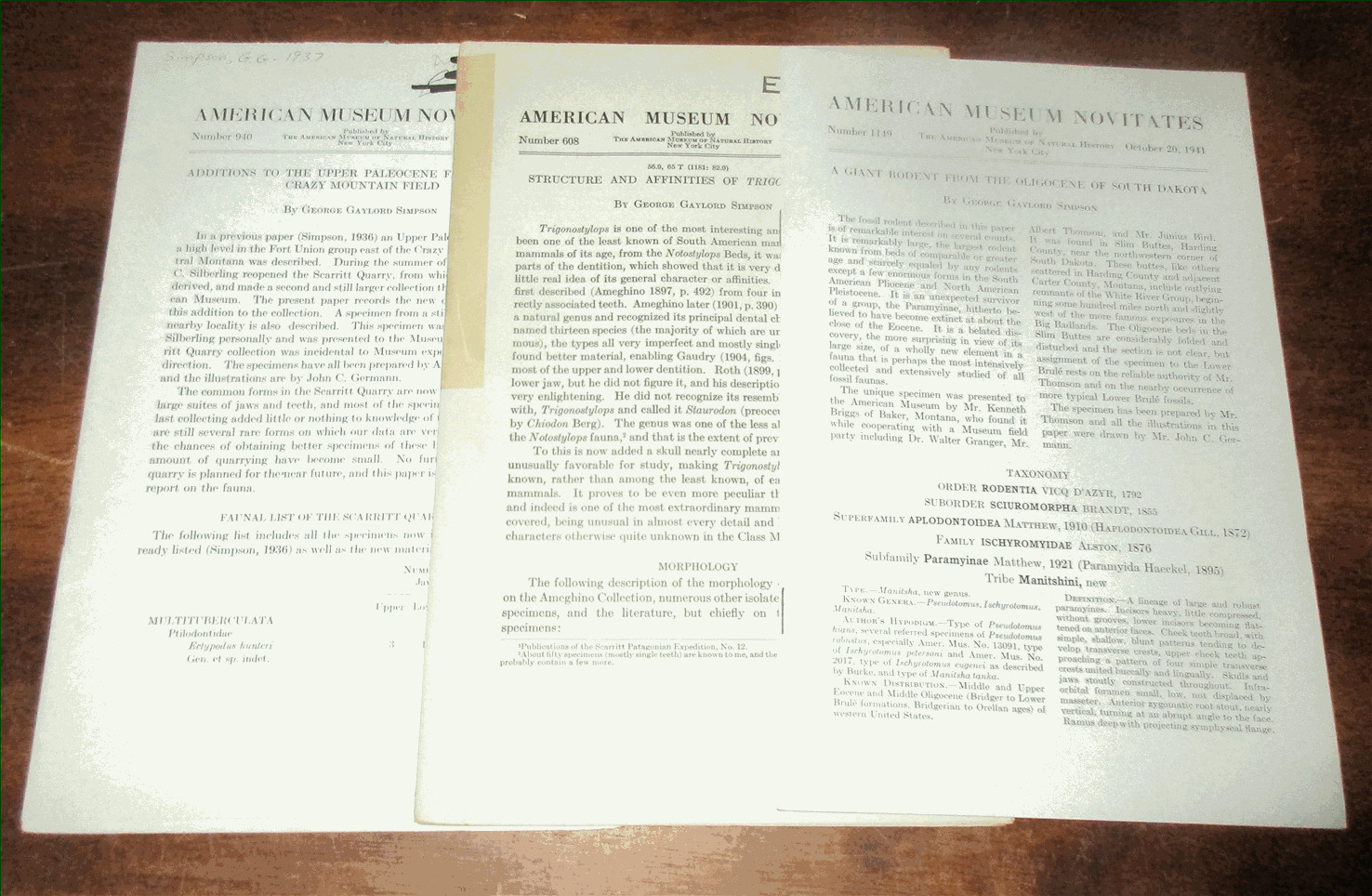 GEOLOGY PALEONTOLOGY GEORGE GAYLORD SIMPSON FOSSIL MAMMALS (3) REPORTS WY SD