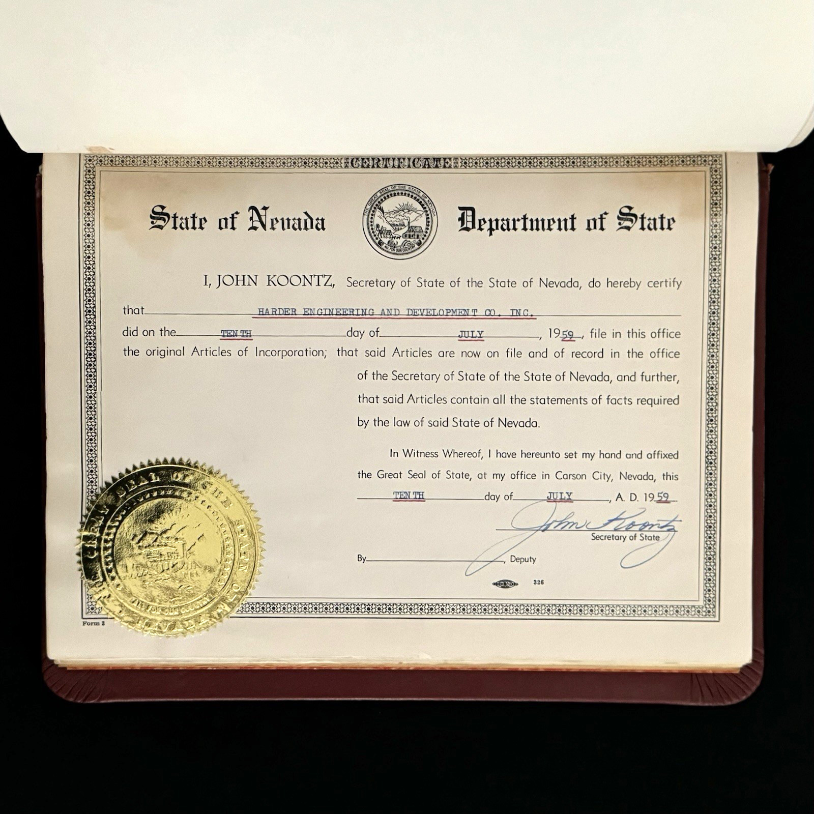1959. Harder Engineering Minute Book, Nevada Corporation Oakland California Rare