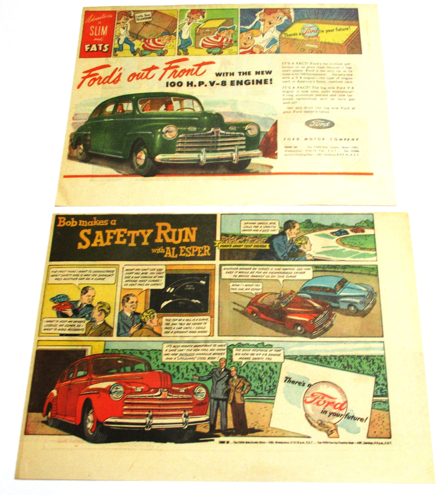 Ford 1946 Cars 2 Newspaper Comics Print Ads / Safty Run Al Esper / Slim and Fats